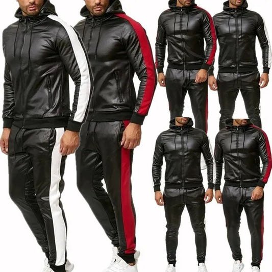 PU Leather Men's Side Striped Hooded Jacket + Matching Joggers Tracksuit