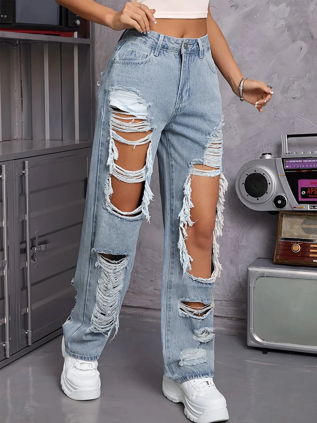 Ripped Denim Hollow-Out Washed Women's Baggy Hip-Hop Streetwear Jeans