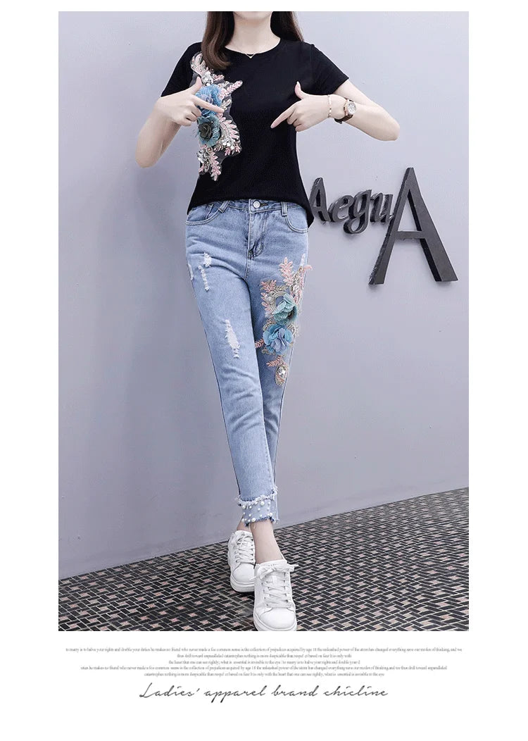 Floral Embroidered Women's Short Sleeve T-Shirt + Matching Denim Jeans 2-Piece Set to 3X Plus Size