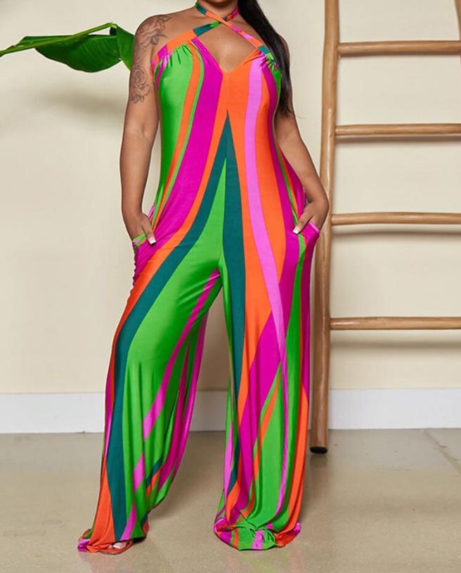 Striped Colorblock Halter Backless Jumpsuit