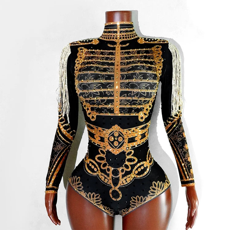 Luxury Rhinestone Fringe Bodysuit Sparkly Sequin Leotard Women Stage Performance Wear Drag Queen Costume Nightclub GOGO Dance Ou