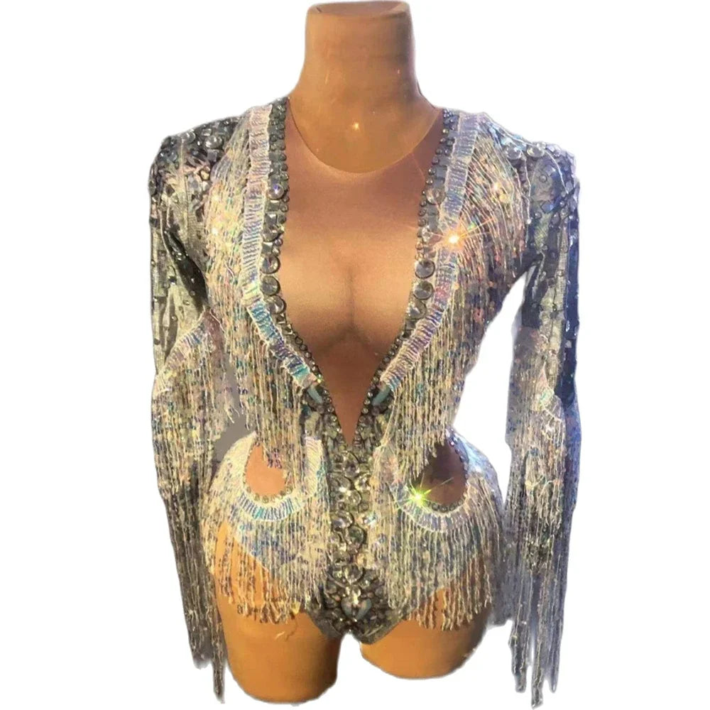 Shiny Crystal Rhinestone Long Tassel Sleeve Women's Deep V-Neck Bodysuits
