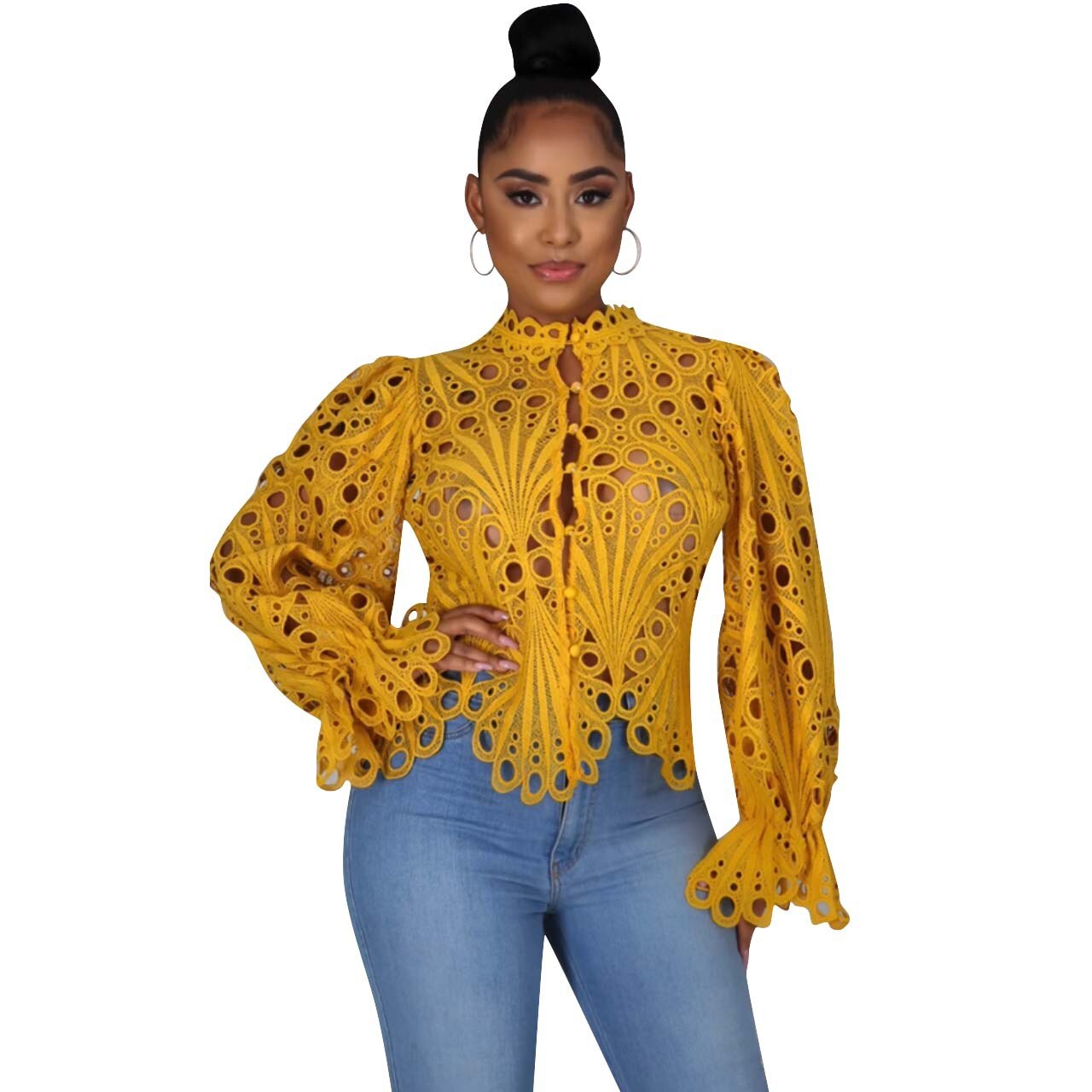 Lace V-Neck Hollow Out Long Sleeve Blouse