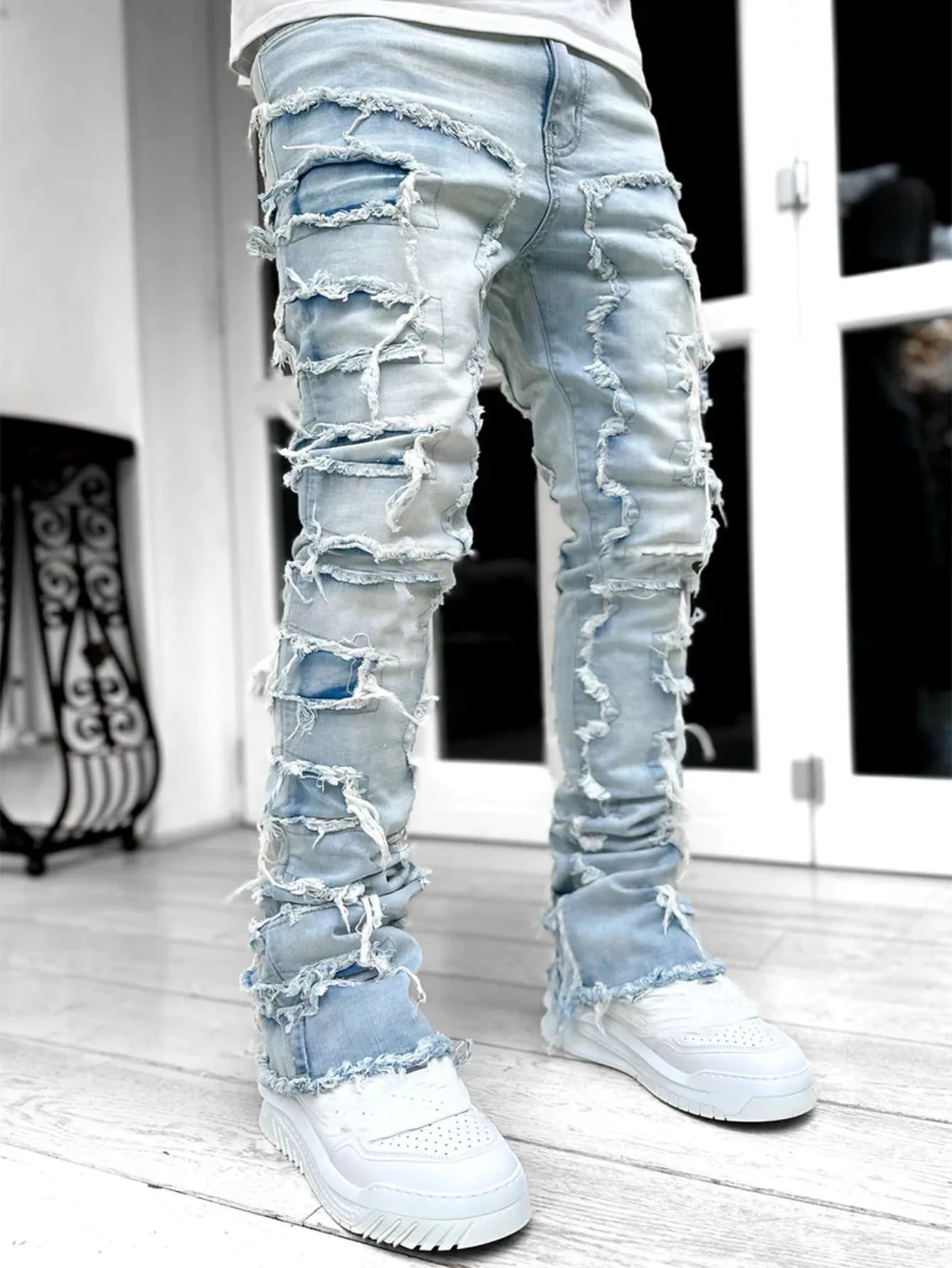 Men's Denim Fringe Ripped Hip-Hop Stretch Stacked Elastic Waist Straight Patchwork Jeans