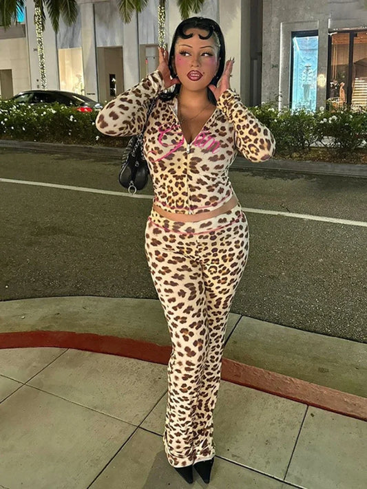 Skinny Leopard Letter Print Women's Crop Hoodie Zipper Jacket + Elastic Waist Flared Leg Stretch Pants Tracksuit