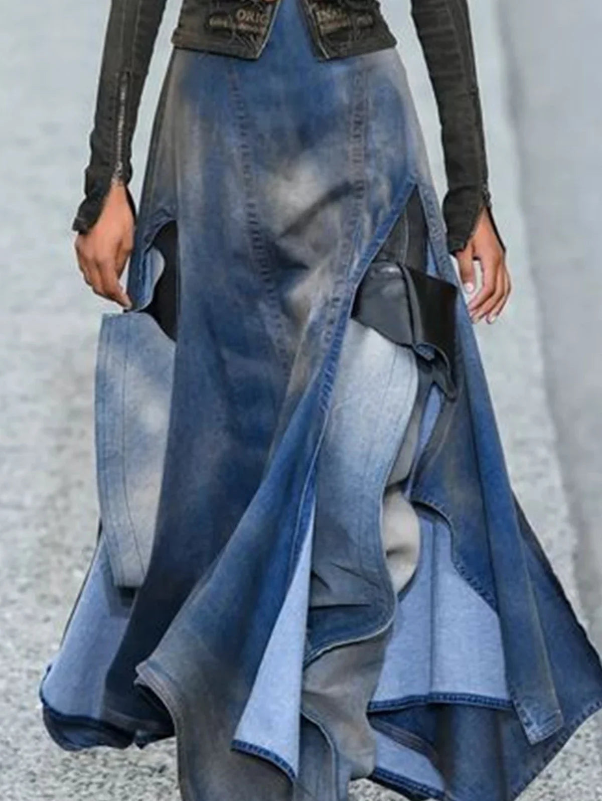 Denim Washed Colorblock Irregular High Waist Patchwork High Slit Maxi Jean Skirt to 3X Plus Size