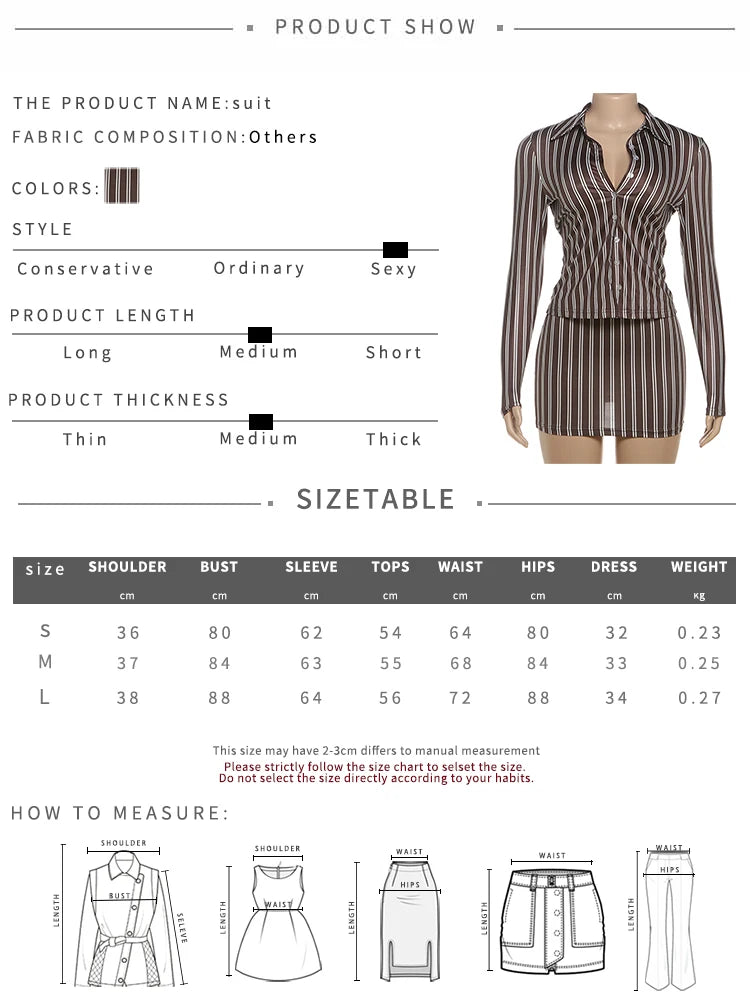 Striped Print Button-Up Long Sleeve Crop Blouse + Matching Mini Skirt Women's 2-Piece Set