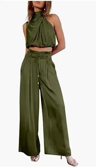 Sleeveless Turtleneck Ruched Crop Top + Bell Bottom Wide Leg Women's Pants 2-Piece Set