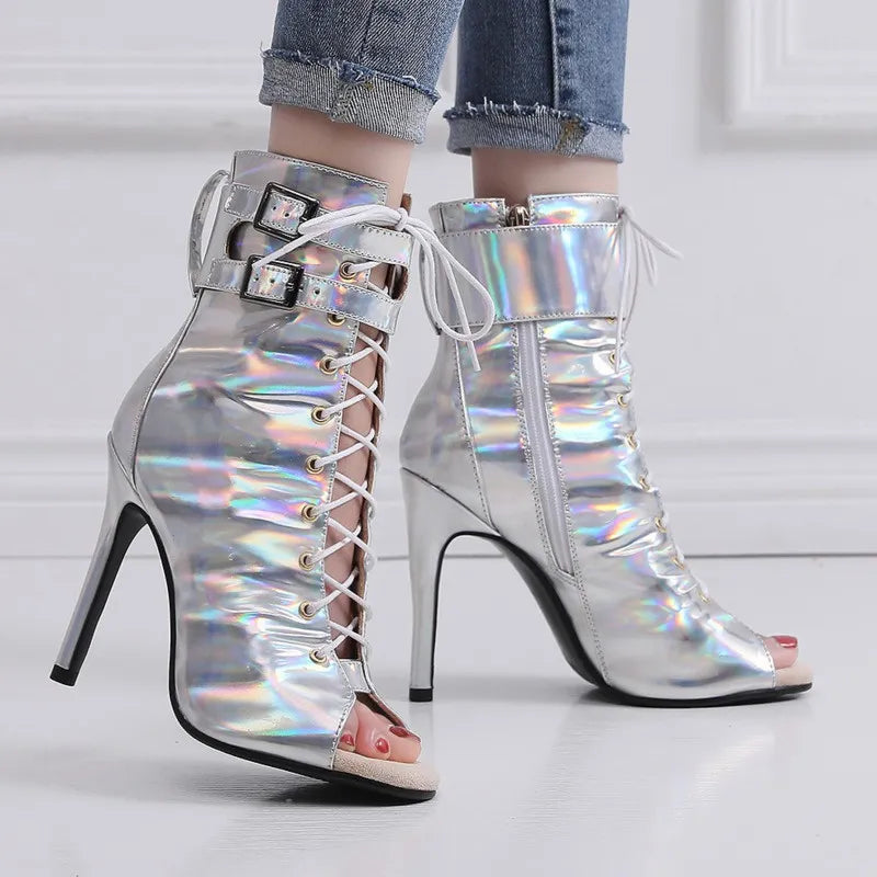 Silver Metallic Latin PU Leather Thin High Heel Salsa Lace-up Ankle Boots