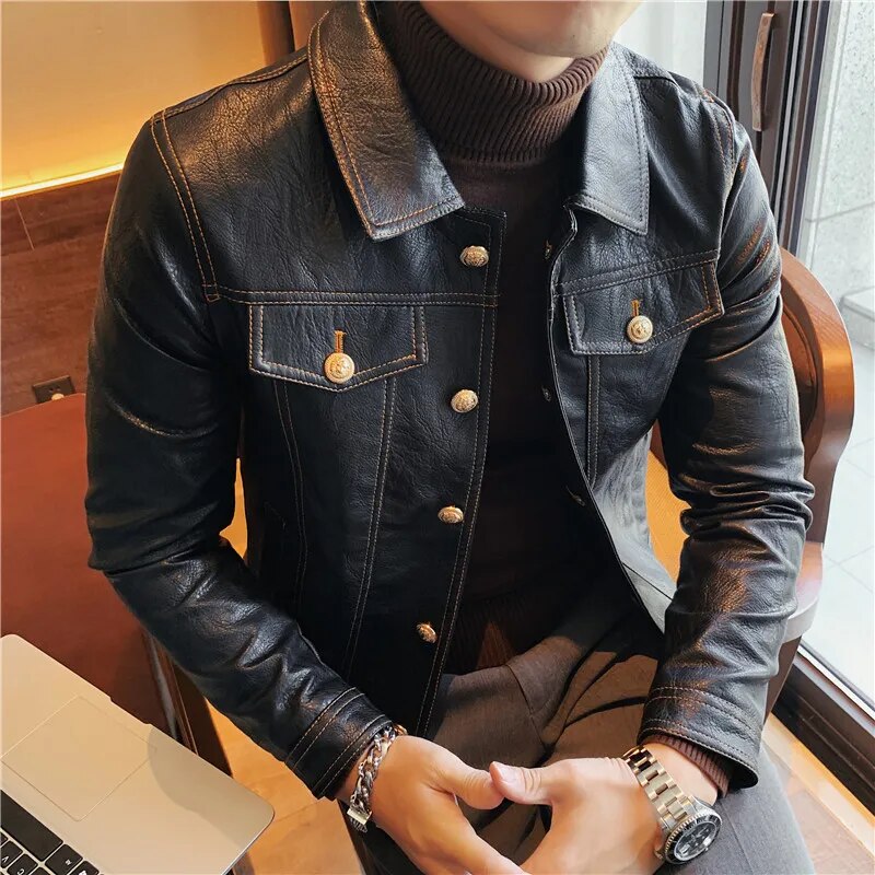 Men's Casual PU Leather Biker Motorcycle Zipper Jacket