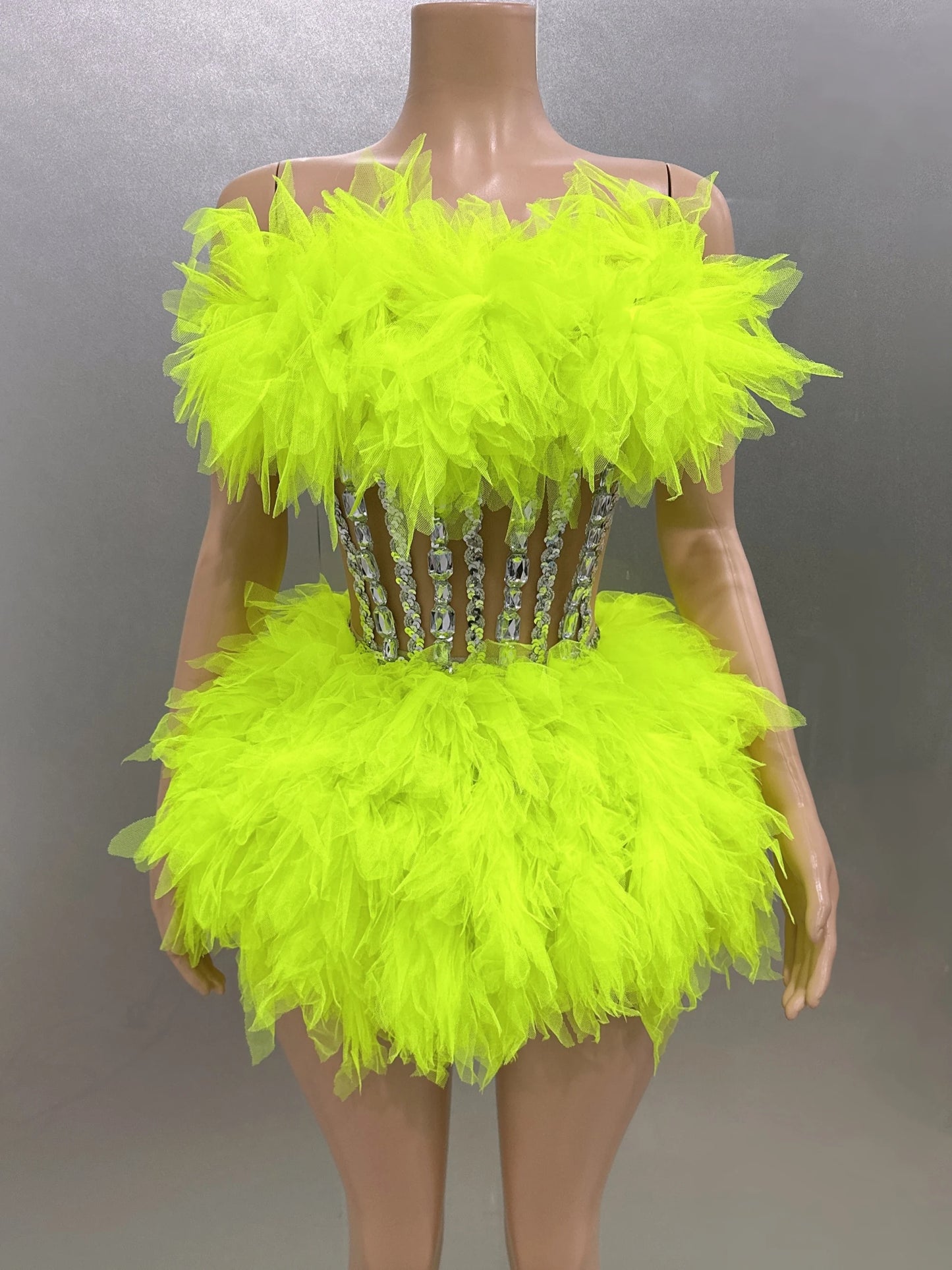 Feather Faux Fur Ruffled Strapless Silver Metallic Corset Mesh Mini Formal Ball Gown/Party/Prom Dress