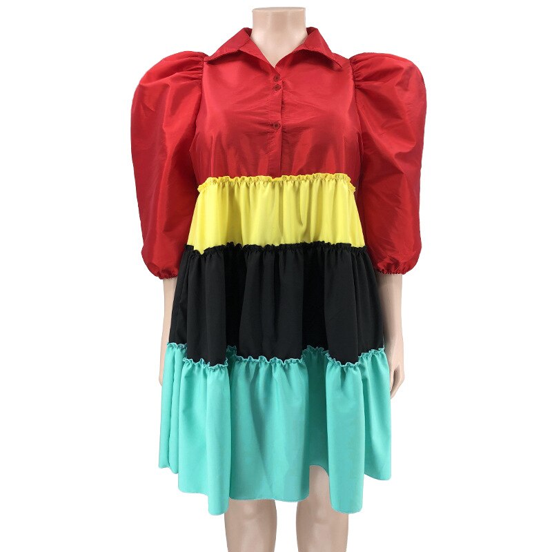 Patchwork Puff Sleeve Colorblock Spliced Turn Down Collar Ruffle Dress to 5X