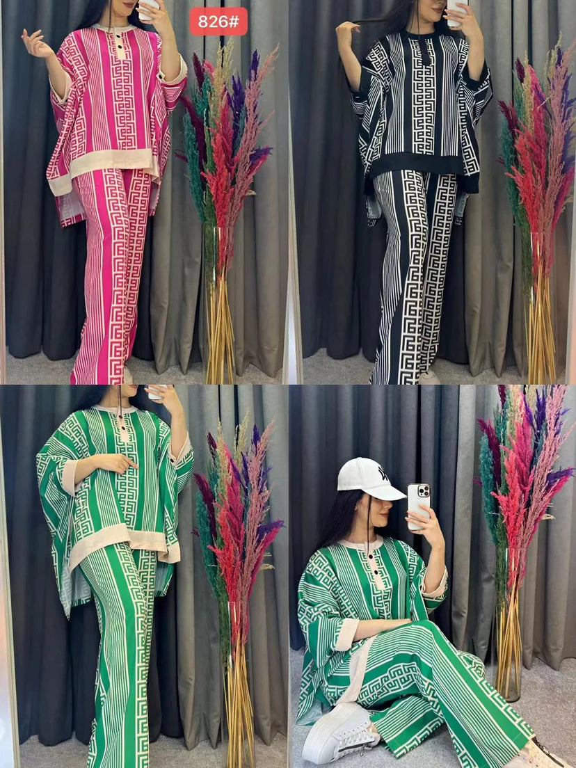 Geometric Striped Print Designer Loose Pullover Top + Pants  2-Piece Set