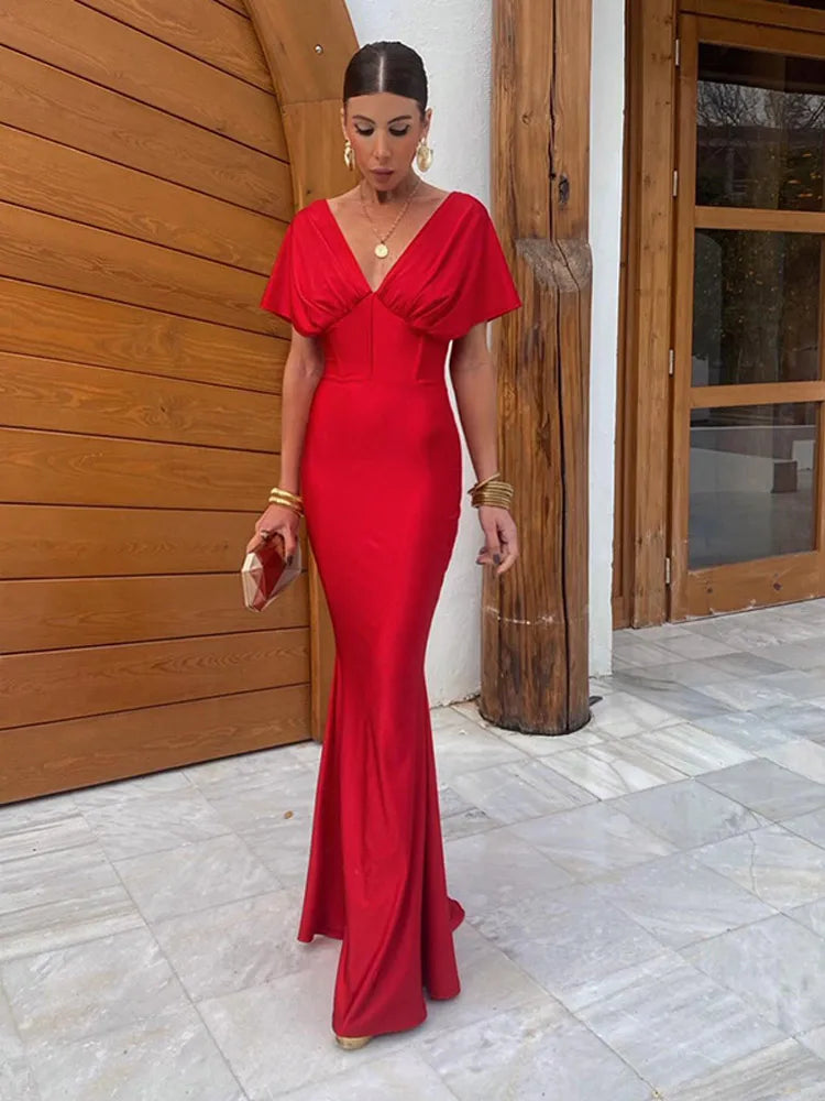 Solid Satin Deep V-Neck Short Sleeved Bodycon Formal Maxi Prom/Bridesmaid Dress