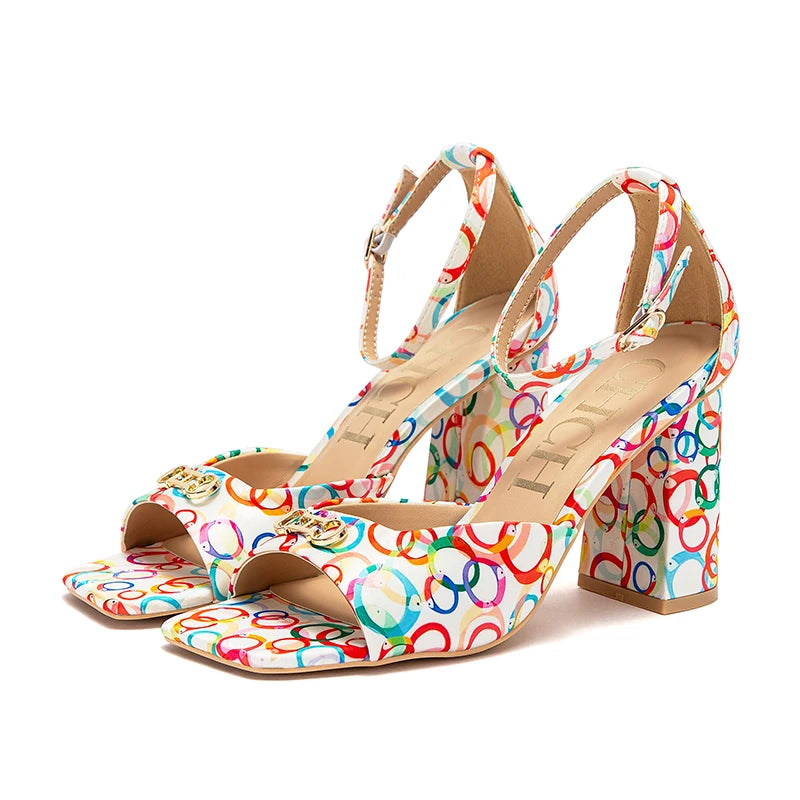 Monogram/Solid Pattern Open Square Toe Design Women's Platform Heel Sandals