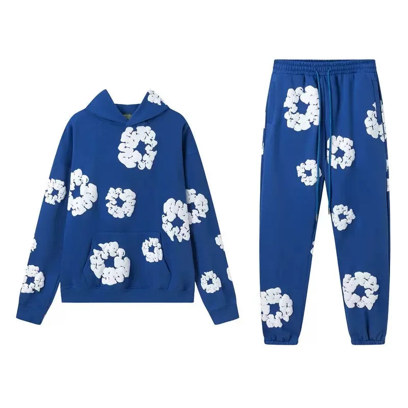 Men's Cotton Big Flower Print Hoodie Sweatshirt + Drawstring Sweatpants Tracksuit