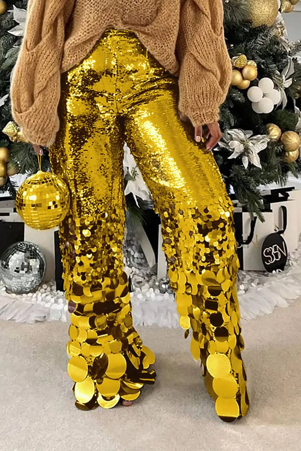 Metallic Designer Silver/Gold Sequined Round Tassel Fringe Design Women's Asymmetrical High Waist Flare Pants to 4X Plus Size