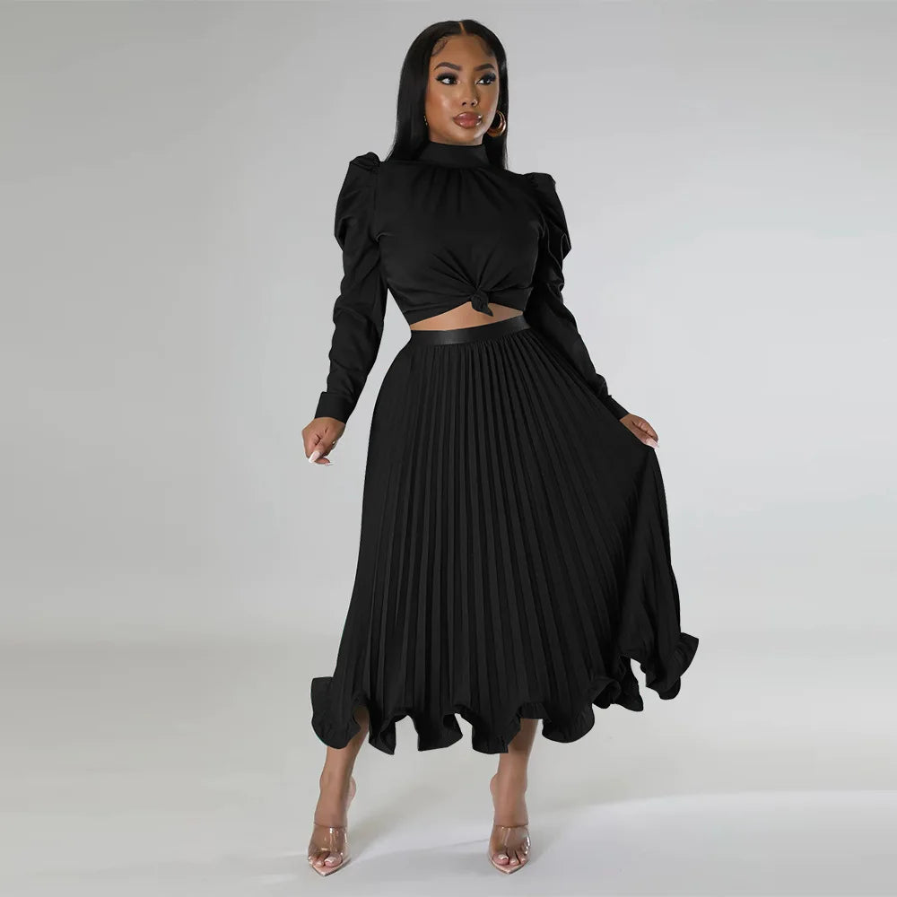 Women’s Solid Color O-Neck Lantern Sleeve Blouse + A-Line Flounce Formal Pleated Maxi Skirt w/ Sash Belt 2-Piece Set