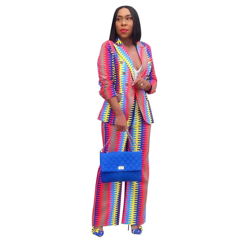 Baroque 2-Tone Contrast/Pink Rainbow Striped Colorblock Print Women's Blazer + Matching Trouser Pants Formal Suit