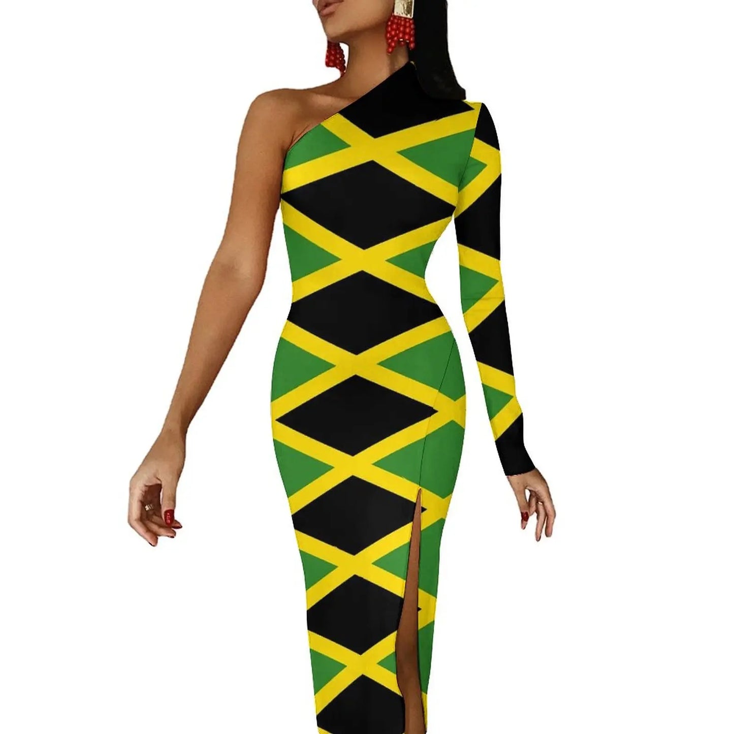 Jamaica Flag Colors Striped/Geometric/Camoflauge High Side Slit One Sleeve Streetwear Bodycon Maxi Dress