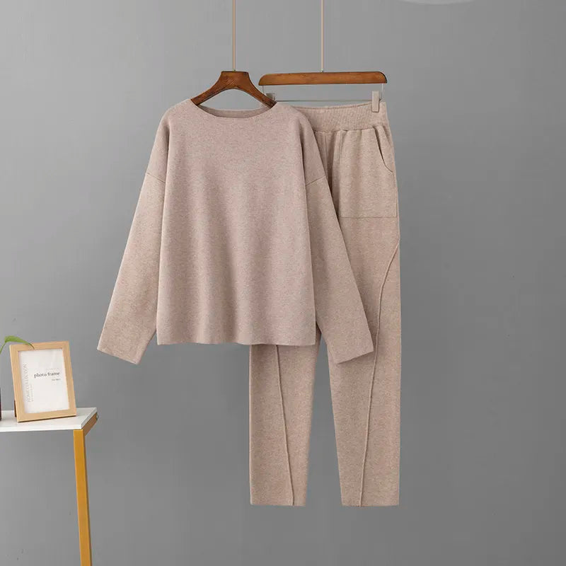 Solid Women's O-Neck Pullover Sweater +Ankle-Length Pants 2-Piece Set