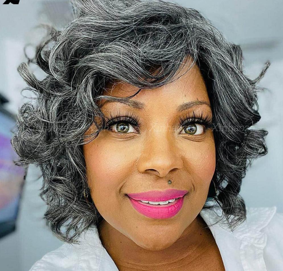 Grey Black Bob Wig Highlight Kinky Curly Short Human Hair Gray 13x4 Lace Frontal Wig for Women Glueless Grey Salt and Pepper Wig