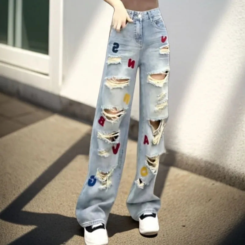 Denim Patch Varsity Style Embroidered Ripped Faded Washed Women's Hip-Hop Streetwear Jeans