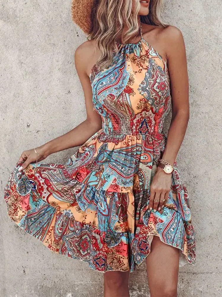 Irregular Geometric/Floral/Paisley/Tropical Print Backless Sleeveless Mini Dress