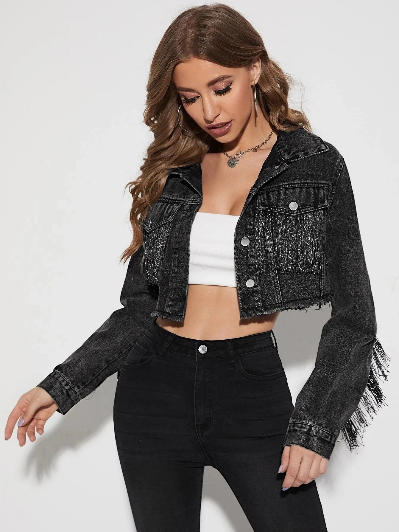 Women's Fringe Jacket Tassel Cropped Denim Jacket Raw Hem Ripped Crop Jean Jackets