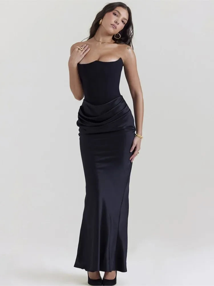 Black Satin Pleated Strapless Off-the-Shoulder Pleated Tube Maxi Formal Party Dress