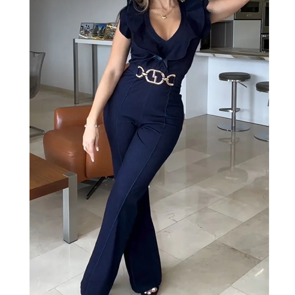 Denim Ruffled Gold Chain Belt Decor V-Neck Women's Sleeveless Lace-Up Bodycon Jean Jumpsuit