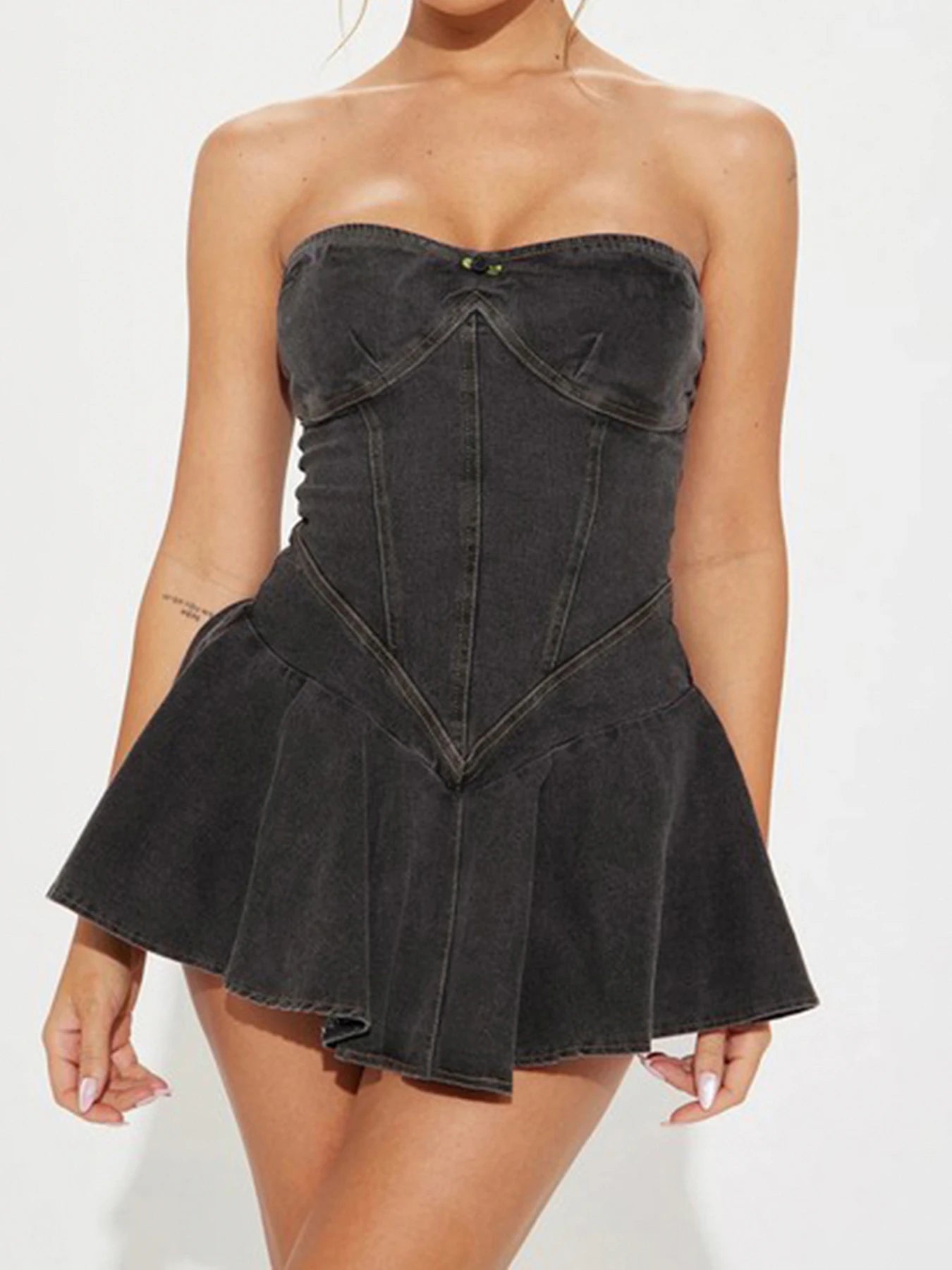 Denim Vintage Ruffled Strapless Aesthetic Stretch A-Line Mini Jean Dress