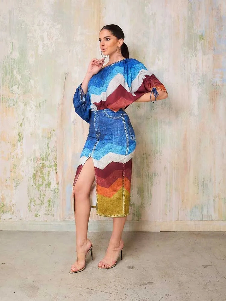 Mock Denim Striped Colorblock Slash Neck Women's Long Sleeve Crop Top + Open High Slit Skirt 2-Piece Set