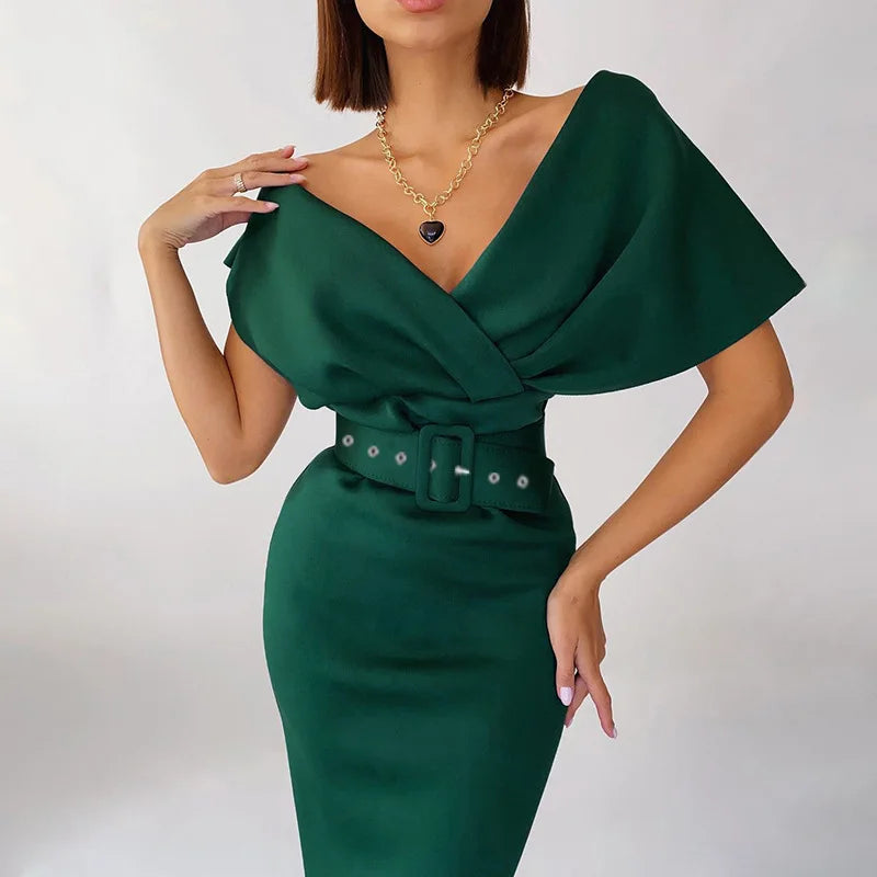 Off-the-Shoulder Solid High Waist Slim Fit Belted Formal Midi Pencil Dress