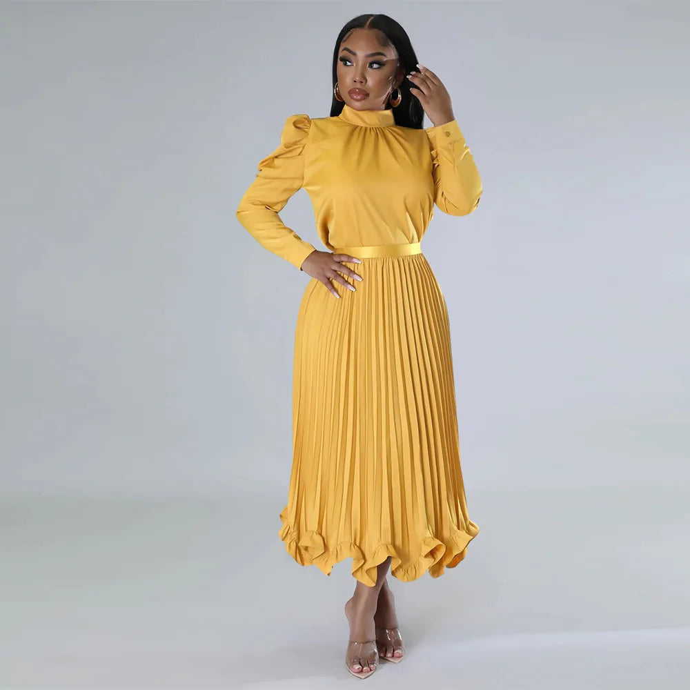 Women’s Solid Color O-Neck Lantern Sleeve Blouse + A-Line Flounce Formal Pleated Maxi Skirt w/ Sash Belt 2-Piece Set