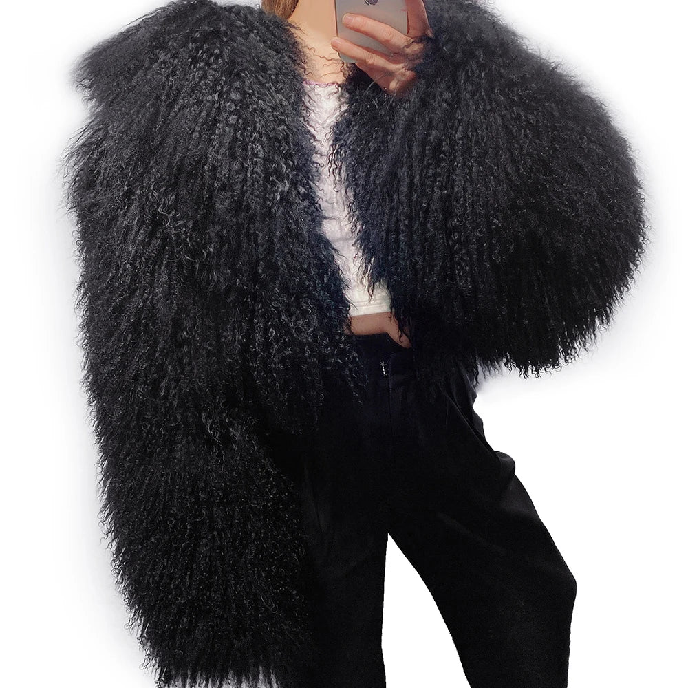 Shaggy Mongolia Sheep Fur Oversized Collar Women's Jacket to 8X Plus Size