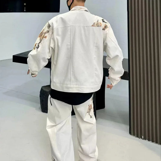 Men's White/Brown Tie-Dye Fire Print Spliced Design Cropped Jean Jacket + Baggy Straight Leg Jeans 2-Piece Set