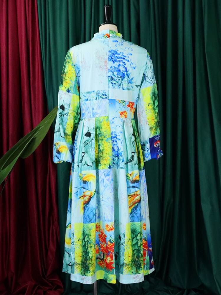 Petal Stand Collar Long Lantern Sleeve African Dress