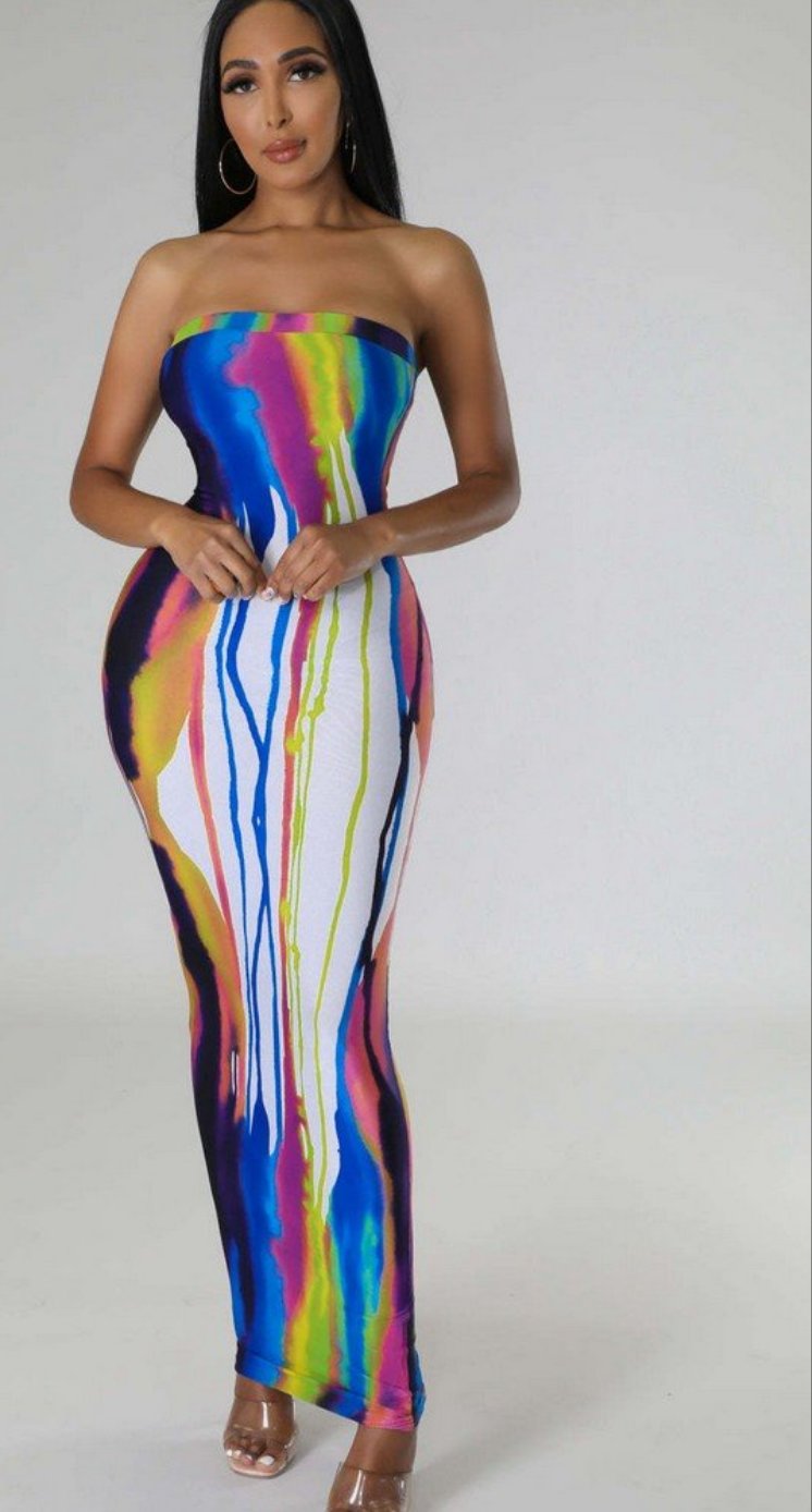 Tie-Dye/Tropical/Colorblock Sleeveless Tube Maxi Dress