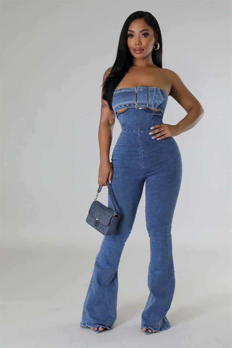 Denim Tube Top Buckle Strap Design Strapless Belt Flare Jean Jumpsuit