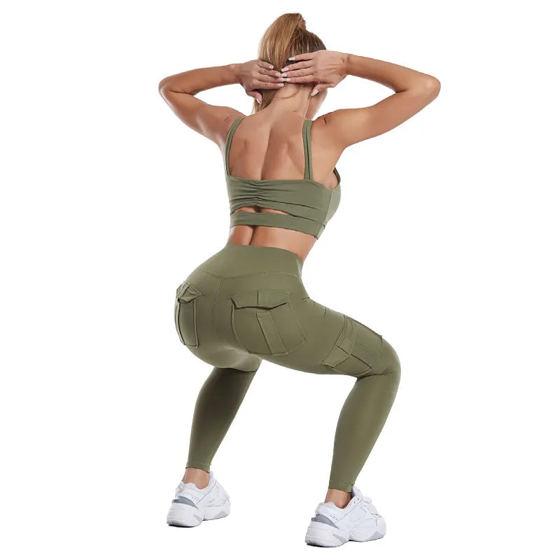 Cargo Pocket High Waist Solid Color Yoga Workout Leggings