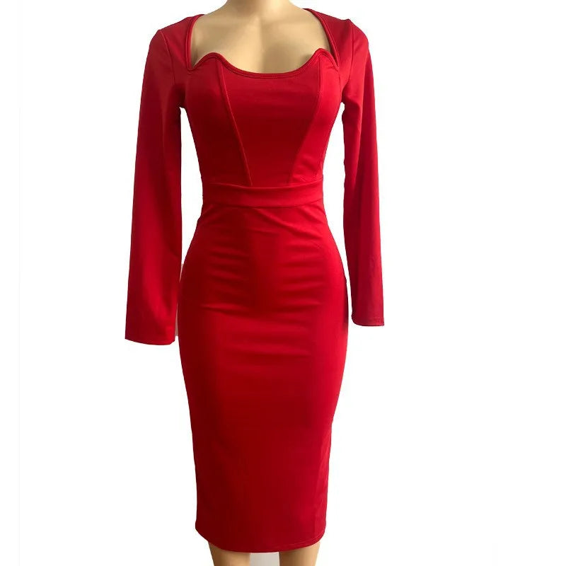 Corset Top French Bone Shape Design Solid Color Bodycon Midi O-Neck Long Sleeve Skinny Maxi Party Dress