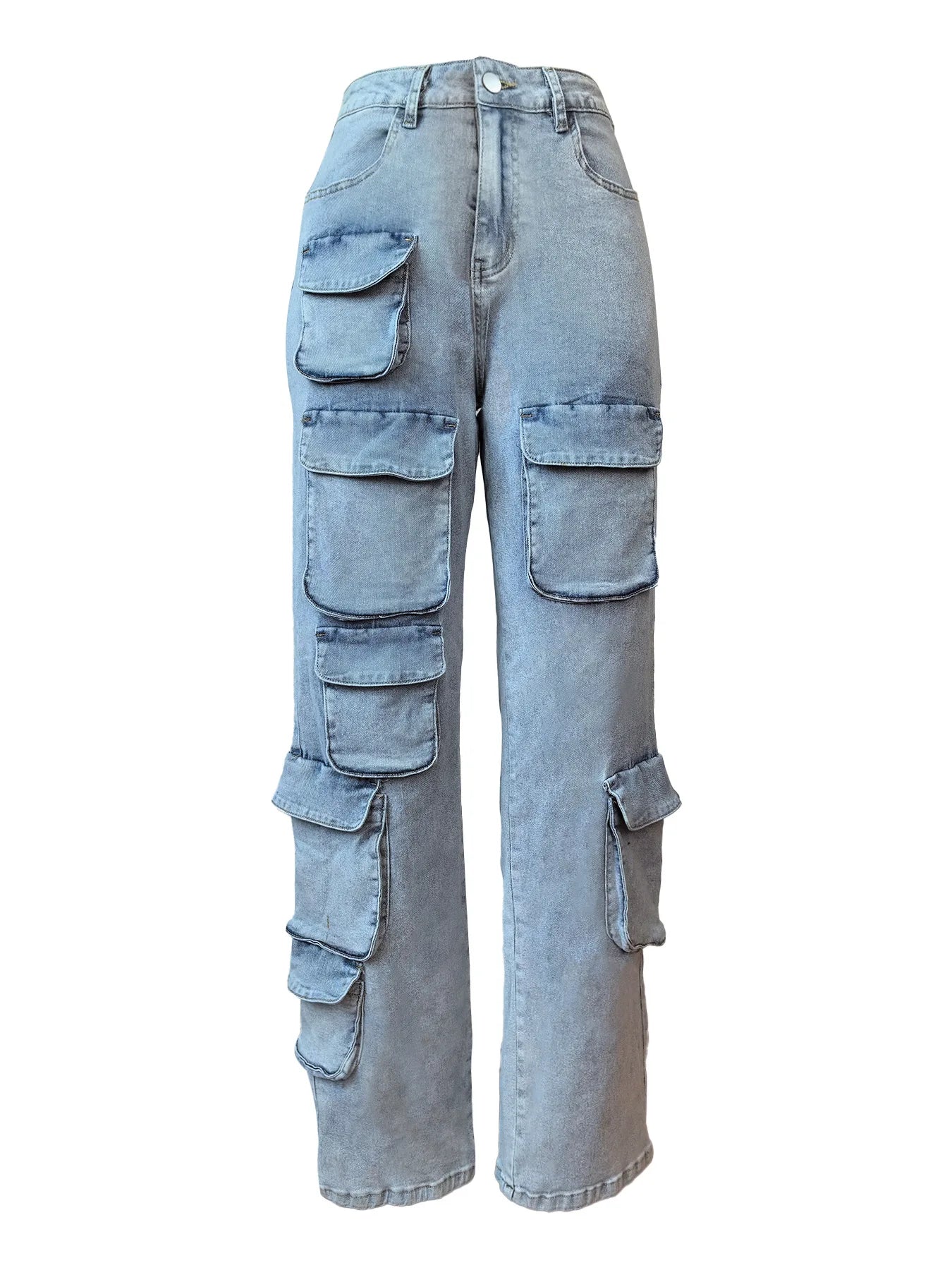 Faded Denim Light Blue Multi-Pocketed Women's High Waist Streetwear Cargo Jeans