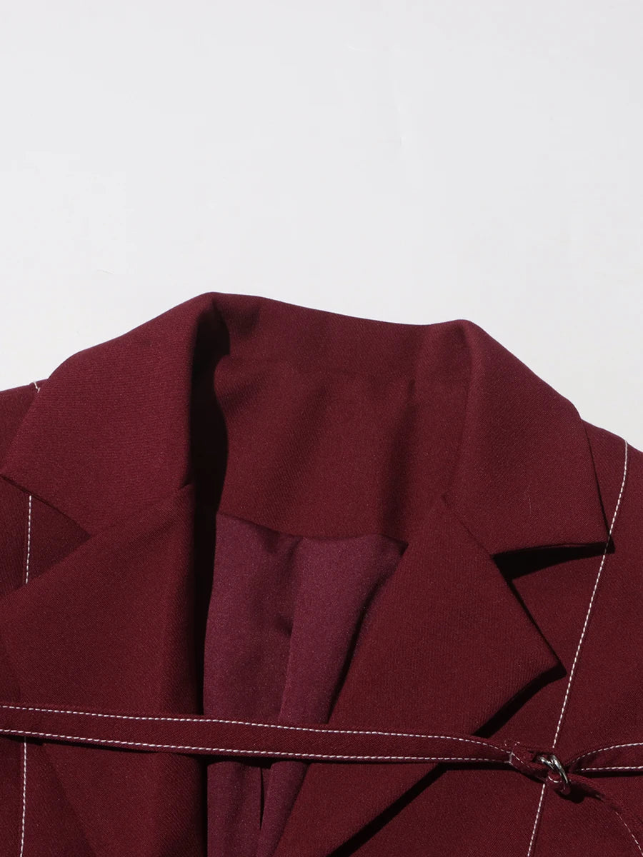 Burgundy Irregular Notched Collar Double Strap Design Blazer Jacket + High Waist Straight Pants Women's Formal Suit