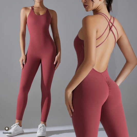 Fitness Solid Color Women's Criss-Cross Scrunch Workout Jumpsuit