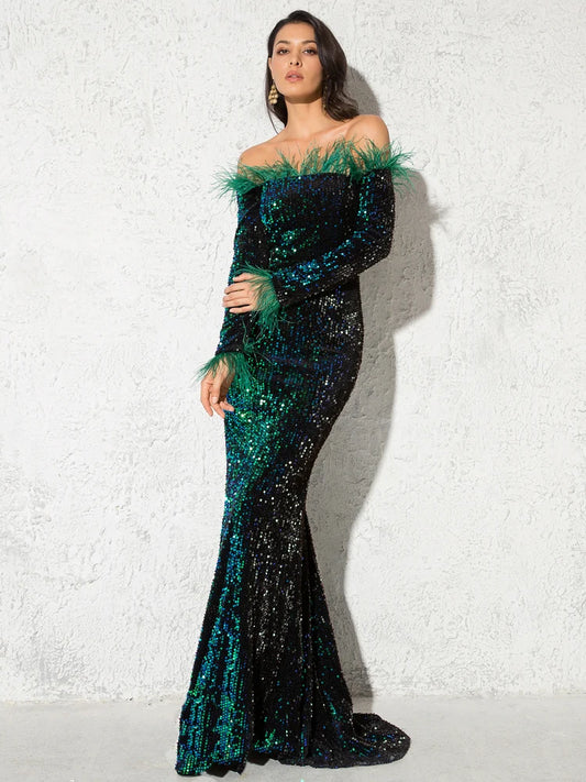 Feather Slash Neck Sequined Velvet Off-the-Shoulder Feather Long Sleeve Floor Length Mermaid Maxi Dress