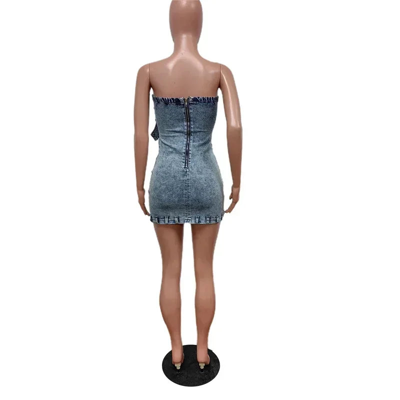 Denim Light Blue Washed Faded  Sleeveless Tube Top Design Cargo Pocketed Streetwear Mini Jean Dress