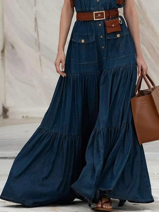 Demin Dark Blue Cargo Pocketed Ruffled Sleeveless Button-Up Tank Style Turn Down Collar Pleated A-Line Maxi Dress