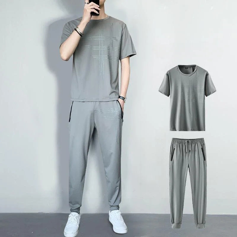 Solid Geometric Pattern Short Sleeve T-Shirt + Elastic Waist Pants Sets