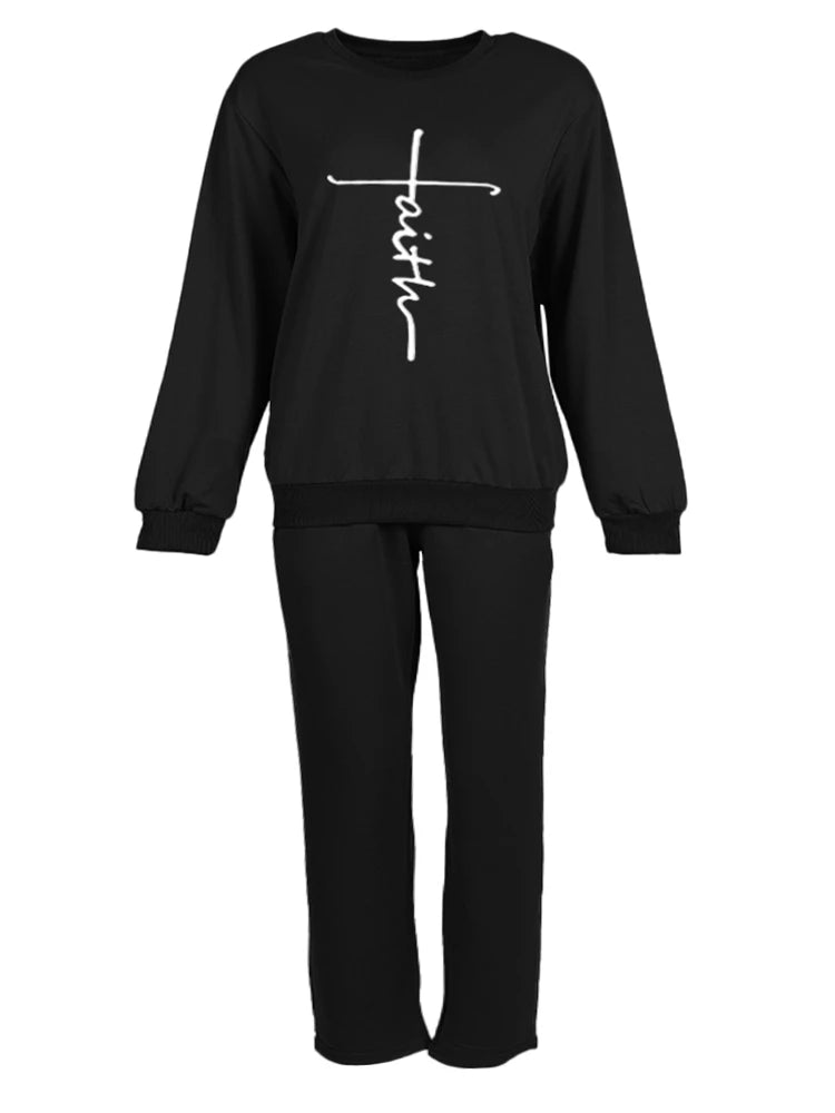 "Faith" "No Not Today"Ladies Geometric Print Colorblock Sweatshirt & Drawstring Sweatpants 2-Piece Sweatsuit to 4X